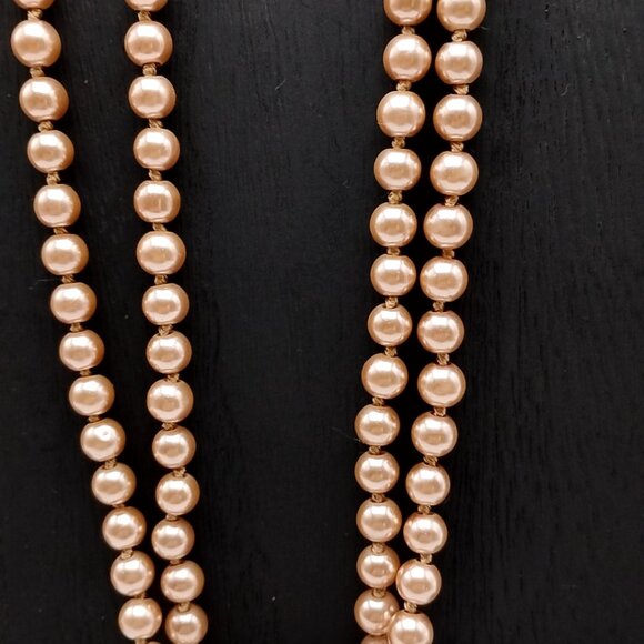 Vintage Long Champagne Faux Pearl Necklace Heavy Hand Knotted Single Strand Bead - Picture 8 of 16